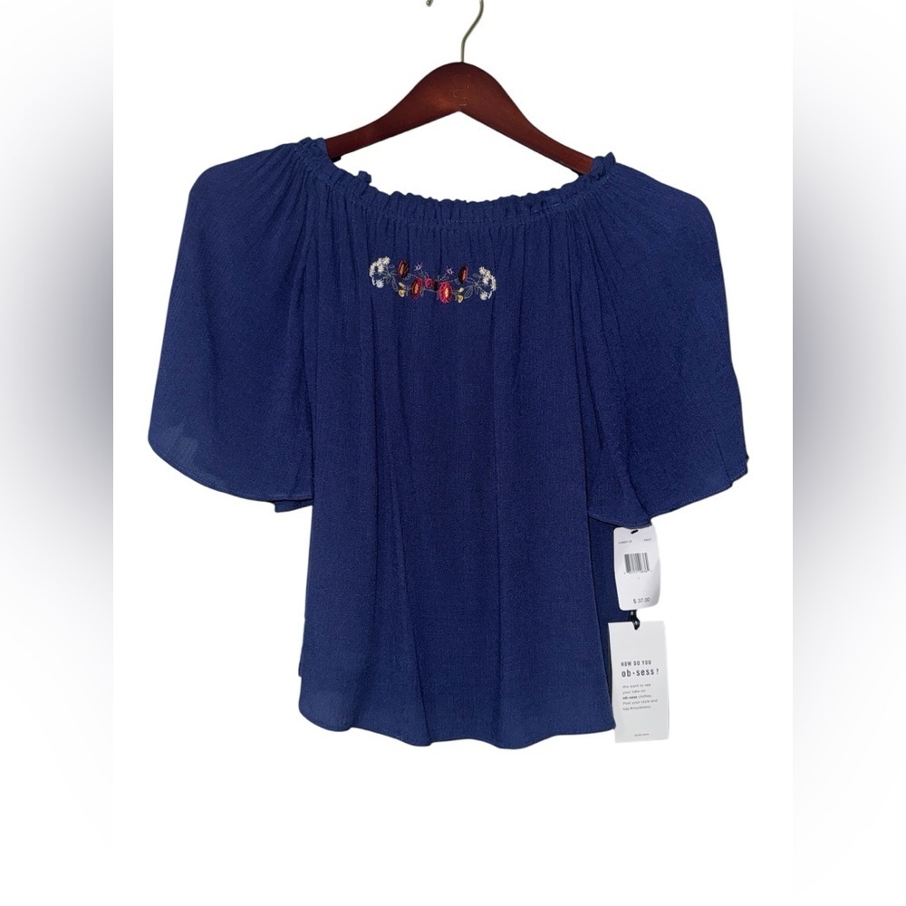 NWT Blue Off Shoulder Embroidered Boho Peasant Top Large